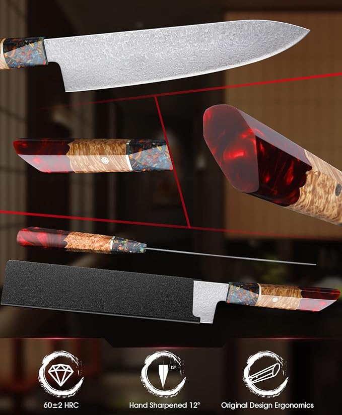 Huusk Damascus Chef Knife with Unique Handle, Razor Sharp 8 Inch Kitchen Knives Includes Sheath, Japanese Cooking Knife