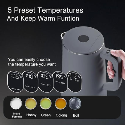 1.5L Electric Kettle Stainless Steel, Double Wall Cool Touch Teapot, Fast Boil,5 Temperature Control, LED Display, Auto Shut-Off, BPA-Free,Keep Warm Function, Ideal for Tea & Coffee (Gray)