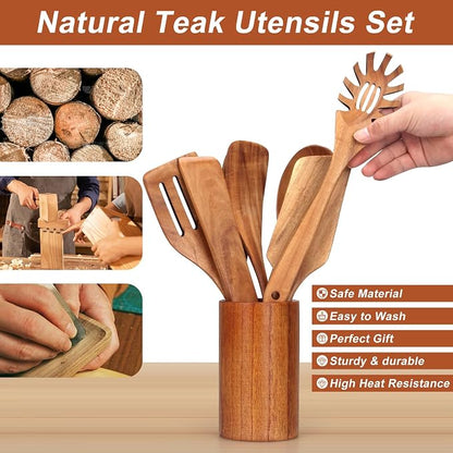 9 Pcs Wooden Spoons for Cooking Utensils with Utensil Holder Teak Wood Kitchen Utensils Set Flat Wooden Spatula Cooking Mixing Spoons Spaghetti Spoon Slotted Turner Scraper Spatula Large Utensils