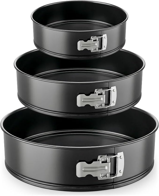 Nutrichef 3-Piece Nonstick Springform Pan Set - Premium Carbon Steel Cheesecake Pans with Stainless Steel Clasp - 6", 8", 10" Sizes, Oven Safe up to 450°F - Includes 300pcs Parchment Paper (Black)