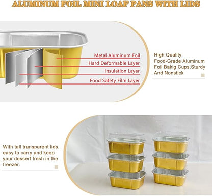 mini loaf pans with lids and spoons 50 Pack,5.5 oz Rectangle mini individual cake tins Disposable Small Aluminum Foil Baking pans(50, Gold)