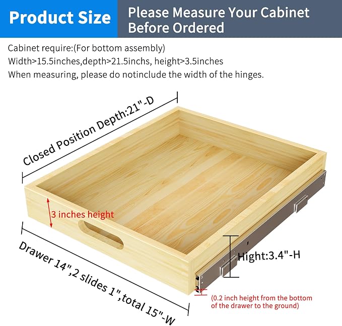 Pull Out Cabinet Organizer, 1PC 15” W x 21” D Soft Close Slide Out Wood Drawer Storage Shelves for Kitchen, Base Cabinet Organization for Pantry, Finished, Heavy-Duty, Bottom Assembly