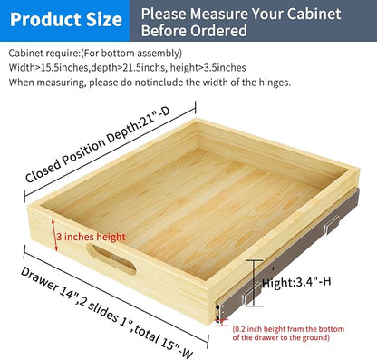 Pull Out Cabinet Organizer, 1PC 15” W x 21” D Soft Close Slide Out Wood Drawer Storage Shelves for Kitchen, Base Cabinet Organization for Pantry, Finished, Heavy-Duty, Bottom Assembly