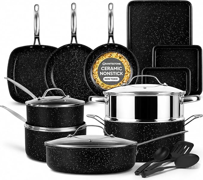 20 Piece Pots and Pans Set Nonstick - Granitestone Ceramic Cookware Set, Diamond Reinforced, Non Toxic PFOA PFOS PFAS Free, Bakeware Steamer & Utensils, Oven Safe to 500°F, Dishwasher Safe, Black