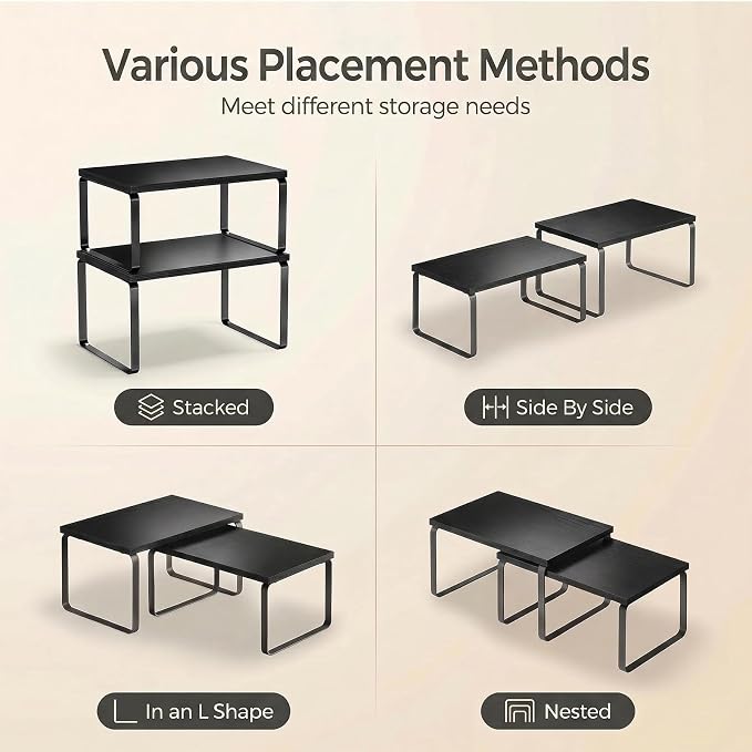 Kitchen Cabinet Organizer Shelf, Set of 2 Stackable Spice Rack Storage, Heavy Duty Metal & Wood Countertop Display Stand for Seasoning Bottles, Jars & Pantry Essentials（Black）