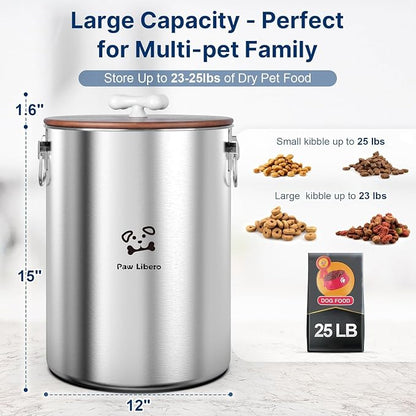 Paw Libero 2PK 25 Lbs total 50 Lbs Stainless Steel Dog Food Storage Container with Airtight Wooden Lid & Ceramic Bone Handle, Large Metal Dog Food Bin for Dogs & Cats