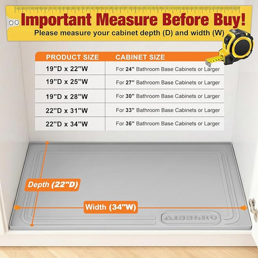 Aisslro Under Sink Mat 34" X 22", Waterproof Silicone Cabinet Organizer Protector with Raised Edge, Kitchen & Bathroom Leak Tray, Shelf Liner & Pet Feeding Mat for Dog Cat Food Mats, Gray
