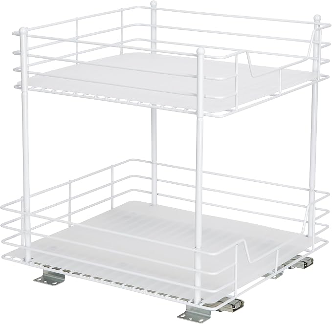 Household Essentials White Steel Two-Tier Pantry Organizer with Clean Lined Plastic Accents