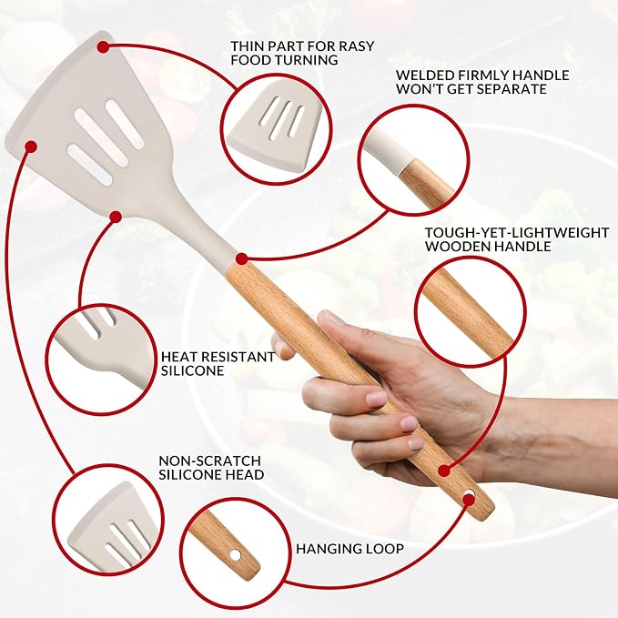 E-far Kitchen Utensils Set of 12, Silicone Cooking Utensils with Holder, Non-stick Cookware Friendly & Heat Resistant, Includes Spatula Tong Whisk Ladle Brush Slotted Turner Spoon(Khaki)