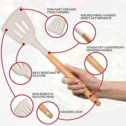 E-far Kitchen Utensils Set of 12, Silicone Cooking Utensils with Holder, Non-stick Cookware Friendly & Heat Resistant, Includes Spatula Tong Whisk Ladle Brush Slotted Turner Spoon(Khaki)