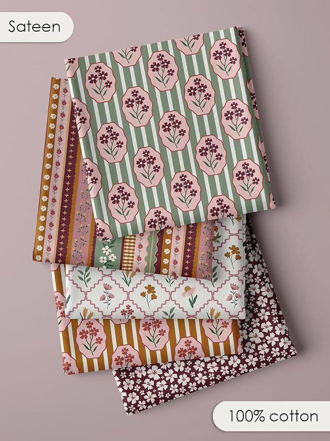 Cotton Patchwork Quilting Fabric Panel – 155×100 cm, 100% Cotton, Made in Türkiye (PRT_KUP 01-001) (Vintage Cottage Blooms, 5 pcs (23.6x11.8 inc))
