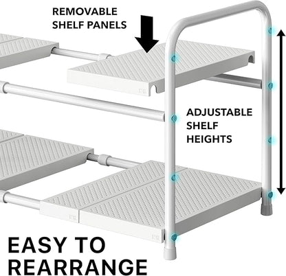 Simple Houseware Under Sink 2 Tier Expandable Heavy Duty Metal Shelf Organizer Rack, White (Expand from 15 to 25 inches)