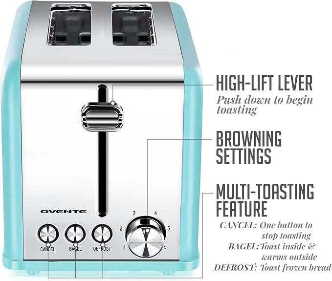 OVENTE 2-Slice Electric Toaster, 825W with 6 Browning Settings, Bagel, Defrost, Cancel Functions, Extra-Wide Slots, Stainless Steel Retro Countertop Toaster, Turquoise TS2450T