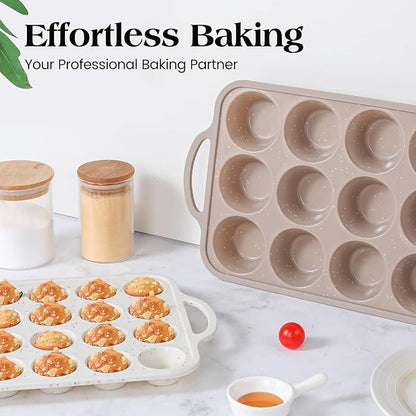 Vinino 2Packs Silicone Muffin Pans for Baking with Metal Reinforced Frame, 12 Cups Regular and 24 Cups Mini Nonstick Cupcake Pan, BPA Free Oven Dishwasher Safe Baking Mold for Muffins Cupcakes
