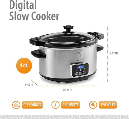 Toastmaster 4-Quart Digital Slow Cooker with Locking Lid - Food Warmer for Dip, Soups, Parties, Meal Preparation & More - Stainless Steel