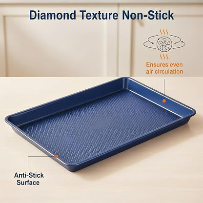 SAKER 3 Pack Nonstick Baking Sheet Set, Carbon Steel Cookie Pan with Cooling Rack, Even Heat Distribution & Warp-Resistant for Oven Baking, Roasting & Cooking (Blue)