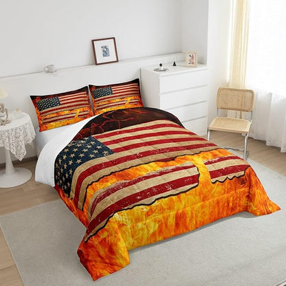 Manfei Burning Flame 3 Pcs Queen Size Comforter Set,American Flag Down Alternative Adults Room Decor,Firefighter Ultra Soft Microfiber Inner Fill 3Pcs Bedding