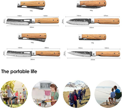SENBON Forged 440A Stainless Steel Gift wrapped 4 piece set sharp pocket folding chef knife universal peeling bread knife set portable kitchen knives with natural olive handle