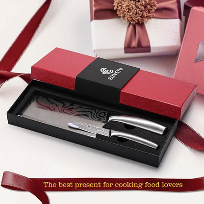 2 Pieces Knife Set Cleaver Knife and Paring knives,Stainless Steel Fruit Meat Knife with Damascus Pattern,Anti-Slip Hollow Handle