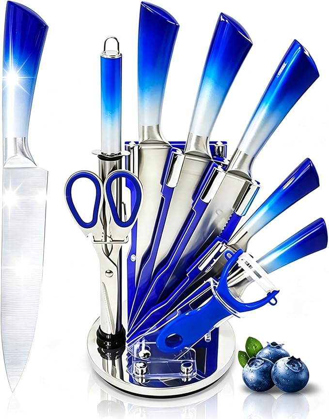 Kitchen Knife Set, 9-Piece Blue Professional Kitchen Knives Set with Acrylic Block, Non Stick Sharp Stainless Steel Chef Knife Set with Sharpener for Cutting Kitchen Gifts for Women