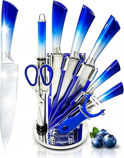 Kitchen Knife Set, 9-Piece Blue Professional Kitchen Knives Set with Acrylic Block, Non Stick Sharp Stainless Steel Chef Knife Set with Sharpener for Cutting Kitchen Gifts for Women