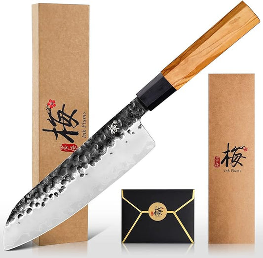 Santoku Knife 7 Inch, Japanese Hand Forged High Carbon Steel Kitchen Knife with Natural Olive Wood Octagonal Handle, Multipurpose Chef Knife for Slicing Dicing Mincing & Gift Box