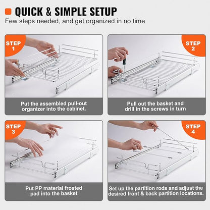 VEVOR 12.5"Wx21"Dx3.5"H Pull Out Cabinet Organizer, Heavy Duty Slide Out Pantry Shelves, Chrome-Plated Steel Roll Out Drawer, Drawer Storage for Home Under Sink, 14"Wx22"Dx7"H Install Size for Cabinet