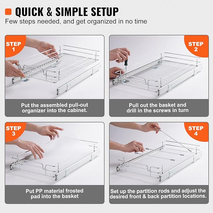 Happybuy 11" W x 21" D Pull Out Cabinet Organizer - Heavy Duty Chrome-Plated Steel Sliding Drawers for Pantry, Home, Kitchen Cabinet, Bathroom.