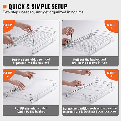 Happybuy 11" W x 21" D Pull Out Cabinet Organizer - Heavy Duty Chrome-Plated Steel Sliding Drawers for Pantry, Home, Kitchen Cabinet, Bathroom.