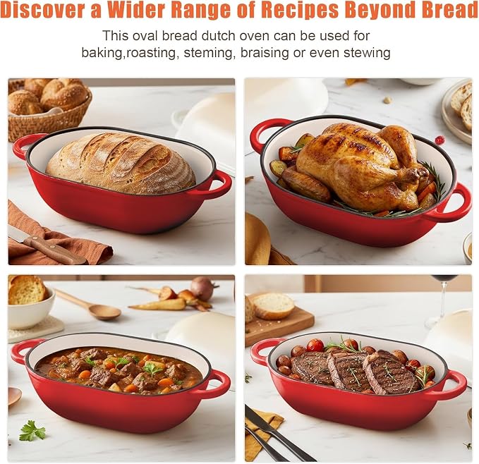 Enameled Cast Iron Sourdough Bread Oven, 2.5 QT Loaf Cast Iron Bread Pan with Lid, Oval Dutch Oven for Homemade Bread Baking, Meatloaf Pan with Lid (Red)