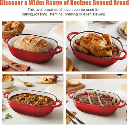 Enameled Cast Iron Sourdough Bread Oven, 2.5 QT Loaf Cast Iron Bread Pan with Lid, Oval Dutch Oven for Homemade Bread Baking, Meatloaf Pan with Lid (Red)