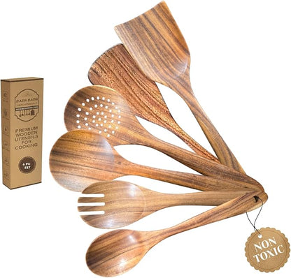 DADU BADU 6 Piece Teak Wood Utensil Set Non Toxic, Handmade Cooking Spoons & Spatulas for Nonstick Cookware Includes Wok Spatula, Skimmer & Salad Set Heat Resistant Kitchen Utensil Gift Set