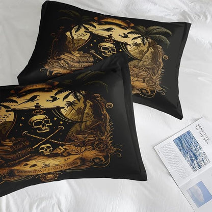 Pamnest Comforter Set Twin Size, Pirate Skeleton 5 Pcs Bedding for Kids and Adults, Halloween Vintage Gothic Bed Sheet Sets with Fitted Sheet Pillowcase & Sham for Bedroom Bed Decor