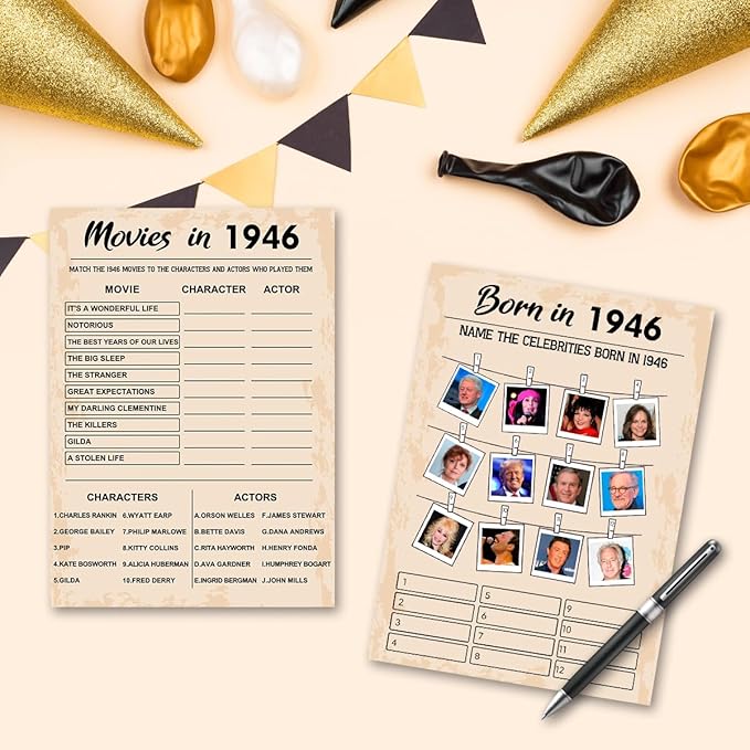 QUPT 80th Birthday Party Games, Set of 5 Activities for 10 Guests, Born in 1946 Games Bundle, Birthday Party Supplies for Adults, Pack of 50 Cards