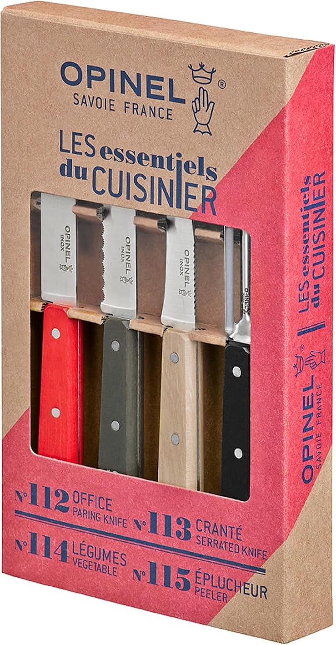OPINEL Les Essentials - Small Kitchen 4 Piece Knife Set - Paring, Serrated, Peeler, Vegetable Knife, Corrosion Resistant High Carbon Steel, Made in France (Loft)