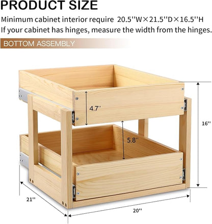 Mulush Pull Out Cabinet Organizer 20''W×21''D×16''H Soft Close Slide Out Wood Drawer Shelves for Kitchen, Finished, Bottom Assembly(Cabniet Require Opening >20.5'', Depth>21.5'', Height>16.5'')