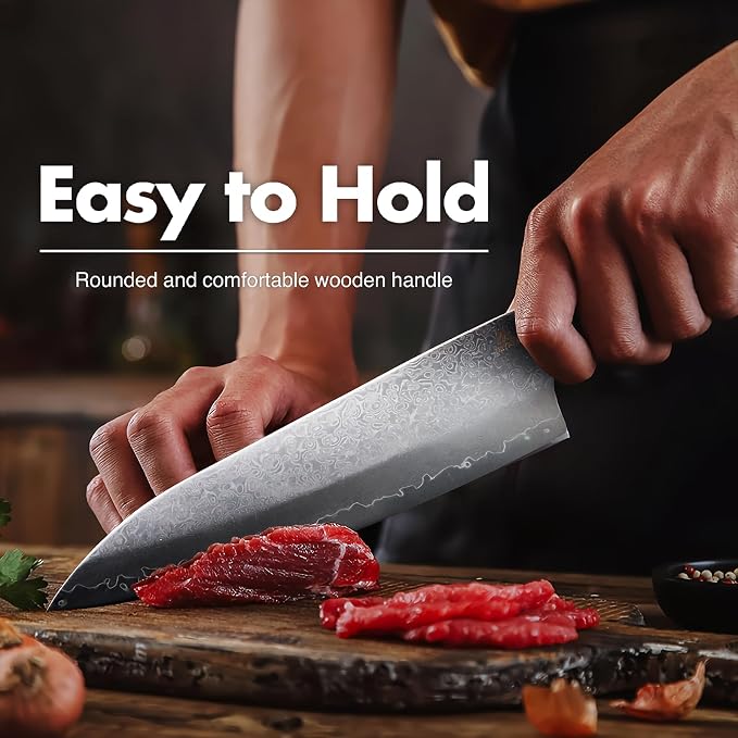 Miyake 7.5" Japanese Gyuto Chef Knife, 9Cr18MoV Stainless Steel Sharp Kitchen Knife with G10 & Pakkawood Handle, Damascus Finish, Gift Box Included