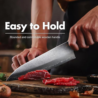 Miyake 7.5" Japanese Gyuto Chef Knife, 9Cr18MoV Stainless Steel Sharp Kitchen Knife with G10 & Pakkawood Handle, Damascus Finish, Gift Box Included