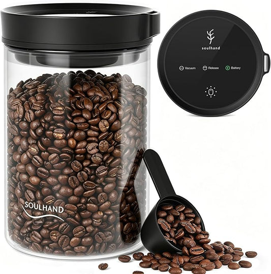SOUL HAND Coffee Vacuum Canister, 1.6L Electric Auto Vacuum Seal Lid with Touch Screen, Airtight Glass Storage Jar for Coffee Bean Grounds & Food, 17oz