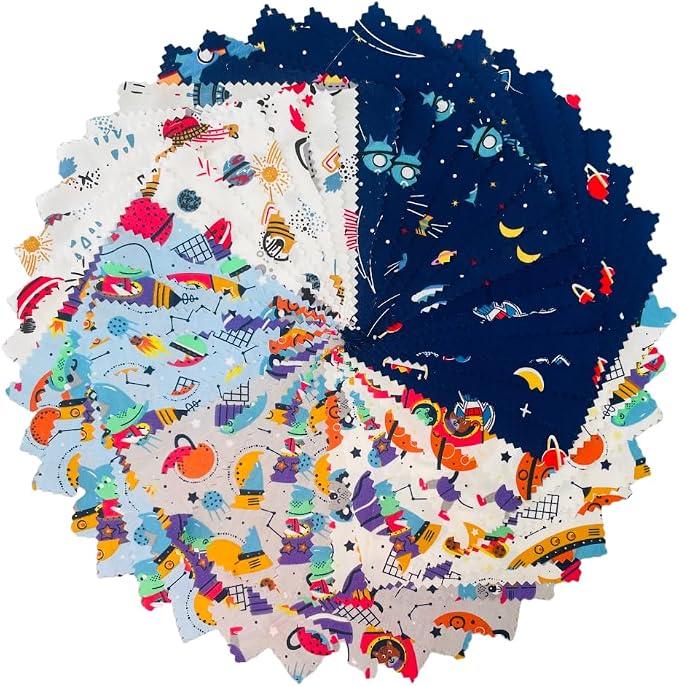 DMFR Galaxy Fabric Squares 5 x 5 Inch, 42 Pcs Cotton Charm Pack Fabric for Quilting, Space Precut Quilt Squares with Rocket Planet Prints for Baby Boy, Kids Sewing, Patchwork and DIY Crafts