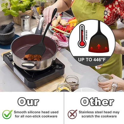 TeamFar Silicone Cooking Utensils, 4pcs Kitchen Utensils Set with Silicone Spatulas & Spoons, Heat-Resistant Solid & Slotted Cooking Spoons Turners for Non-stick Cookware, Dishwasher Safe, Black
