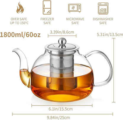 DOPUDO Glass Teapot with Infuser 60OZ (1800ml) Stovetop Safe, Clear Glass Tea Pot Kettle, Borosilicate Tea Pot with Infusers Filter for Loose Tea, Tea Kettle Dishwasher Safe