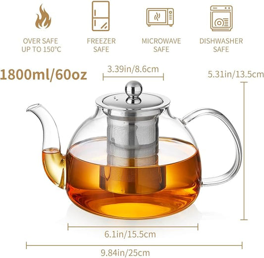 DOPUDO Glass Teapot with Infuser 60OZ (1800ml) Stovetop Safe, Clear Glass Tea Pot Kettle, Borosilicate Tea Pot with Infusers Filter for Loose Tea, Tea Kettle Dishwasher Safe