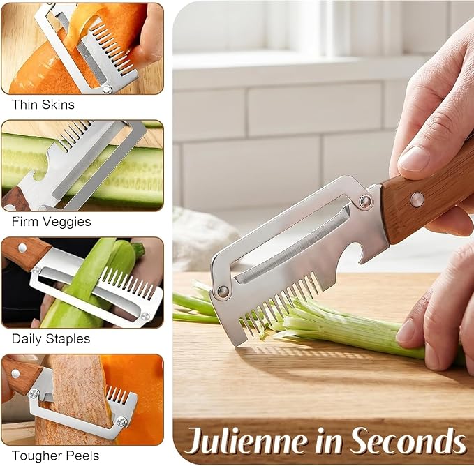 2 PCS Multi-Functional Kitchen Peeler, Professional Kitchen Tool for Chefs Fruit, 3 in 1 Multi Functional Wooden Handle Peeler and Bottle Opener, Kitchen Gadgets for Potato, Carrot, Pumpkin, Apple