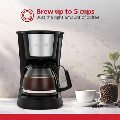 Holstein Housewares 5 Cup Drip Coffee Maker – Compact and User-Friendly with Auto Pause & Serve, Reusable Filter, Measuring Spoon & Glass Carafe, Office & Dorm Use, Black