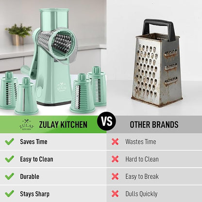 Zulay Kitchen Rotary Cheese Grater 5 Blade Cheese Shredder - Manual Hand Crank Cheese Grater With Reinforced Suction & 5 Interchangeable Drums - Easy to Use, Vegetable Chopper Round Mandoline Slicer