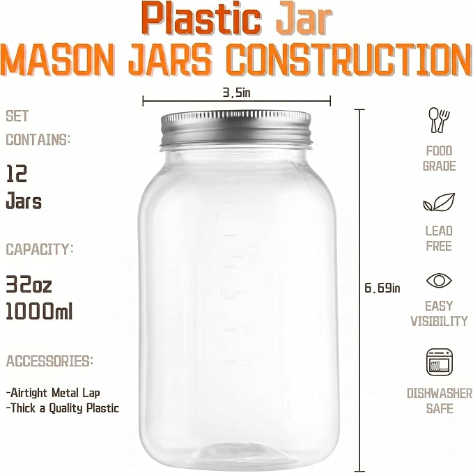 novelinks 32 oz Clear Plastic Jars with Lids, 12 Pack Large Plastic Mason Jars with Lids 32oz, Reusable Quart Containers for Kitchen Organization (12 Pack,Silver)
