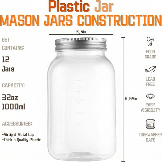 novelinks 32 oz Clear Plastic Jars with Lids, 12 Pack Large Plastic Mason Jars with Lids 32oz, Reusable Quart Containers for Kitchen Organization (12 Pack,Silver)