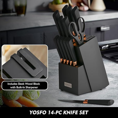 Kitchen Knife Set,15 Pcs Knife Set with Block and Sharpener,High Carbon Stainless Steel Ultra Sharp,Dishwasher Safe