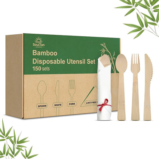 Prerolled Disposable Bamboo Cutlery Set – 150 Pack Pre Wrapped Silverware and Napkin Bundle with Forks, Knives, Spoons for Parties, Weddings, Events, and BBQ (Red String)